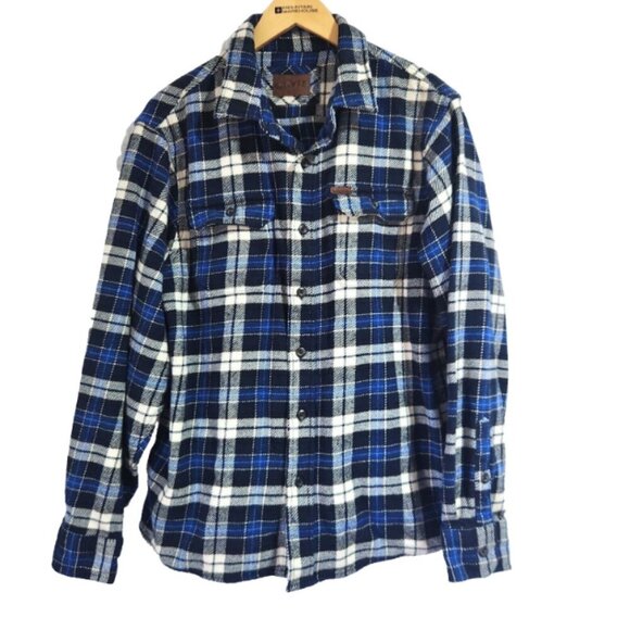 Orvis Plaid Shacket Men's Size LG Long Sleeve Heavyweight Blue Flannel Pockets - Picture 1 of 13